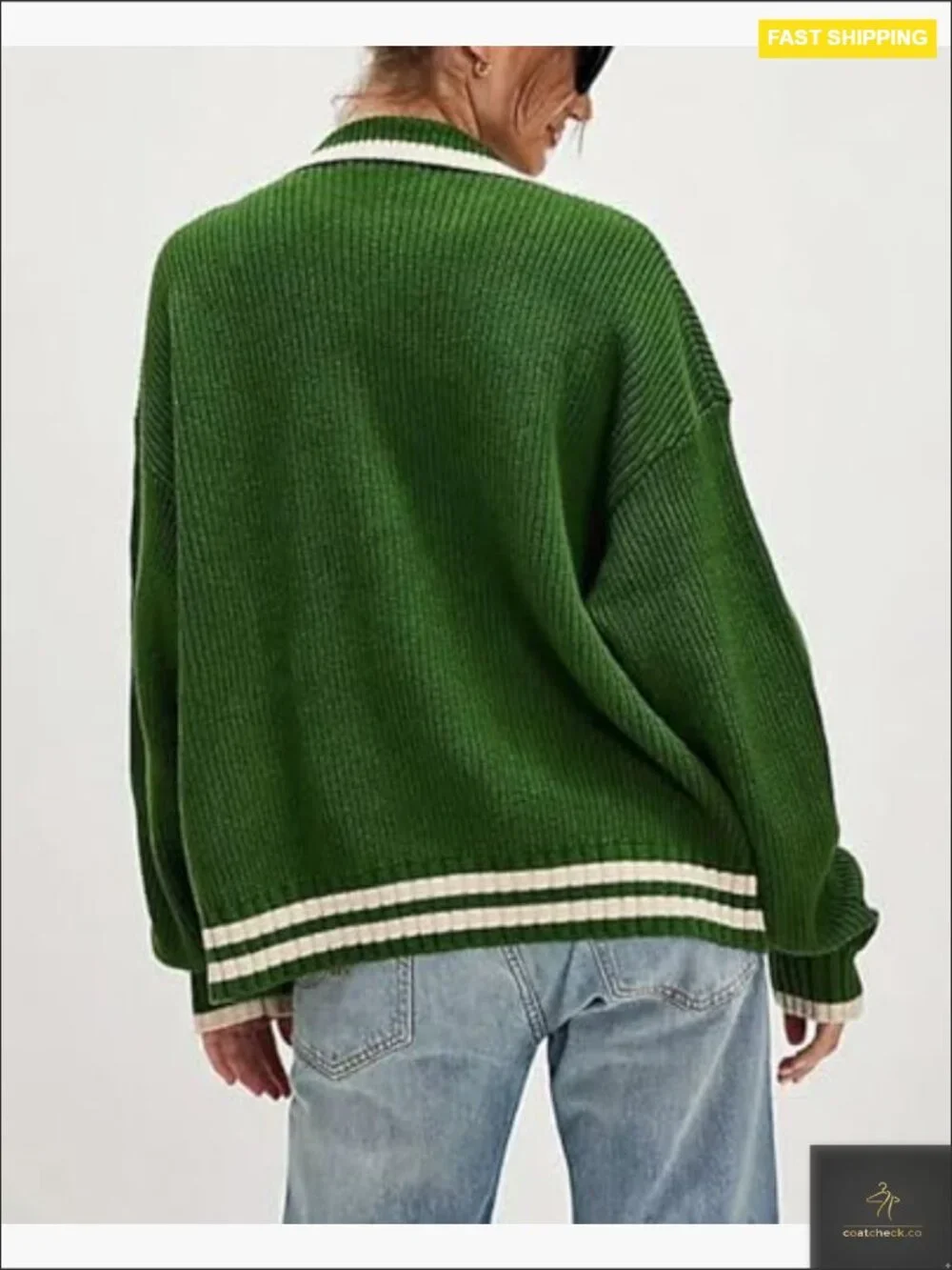 Oversized Zip Up Cardigan Sweater Women Casual Knit Outerwear Contrast Trim - Picture 4 of 7